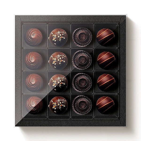 Caixa 16 Doces Quadrada Preto com Tampa Cristal - 10 unidades - 16,8x16,8x4cm - Cromus Profissional