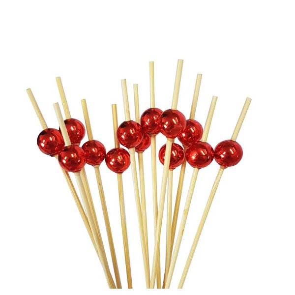 Palito em Bambu para petiscos com Bolinhas Vermelhas - 20 unidades - Rizzo