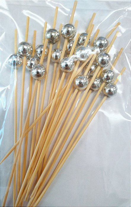 Palito em Bambu para petiscos com Bolinhas Prata - 20 unidades - Rizzo