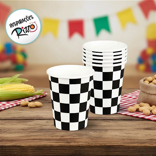 Copo de Papel Biodegradável Xadrez - Preto - Festa Junina - 270ml - 10 unidades - Rizzo