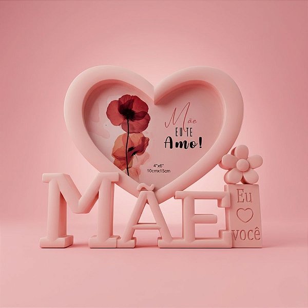 Porta Retrato Salmão Com Moldura de Coração - Mãe Eu Te Amo - 18x21cm - 1 unidade - Rizzo