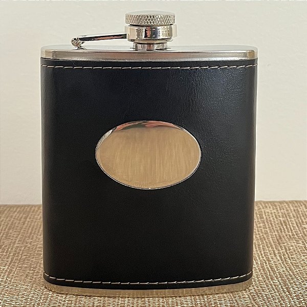 Cantil Inox com Couro Preto de Bolso para Whisky - Modelo 2 - 175ml - 1 unidade - Rizzo