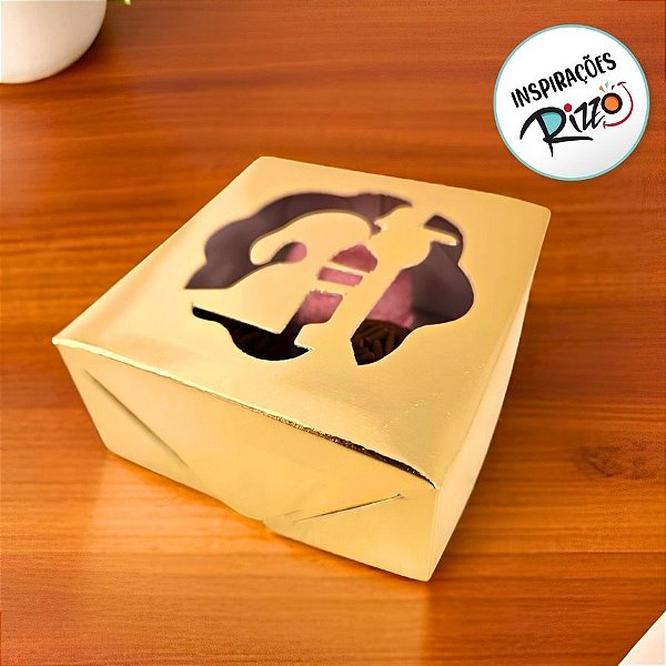 Caixa com visor Vazado - Noivinhos Ouro - 6,5x6,5x3cm - 10 unidades - Assk - Rizzo