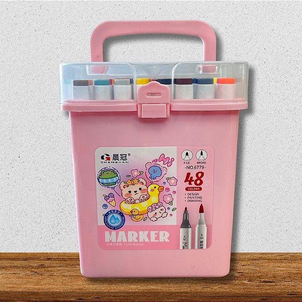 Kit Canetinhas Marcadores Para Colorir Com Maleta Rosa - 48 unidades - Rizzo