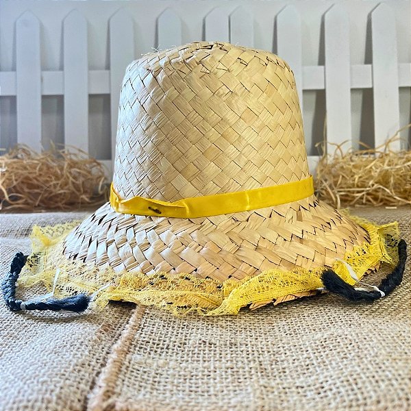 Chapéu de Palha De Renda Com Trança Preta - Amarelo - 34cm - 1 unidade - Rizzo