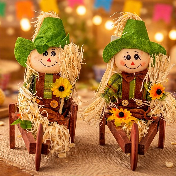 Enfeite Decorativo De Festa Junina De Mesa Espantalho Na Carriola - Verde - 23x26cm - 1 unidade - Rizzo