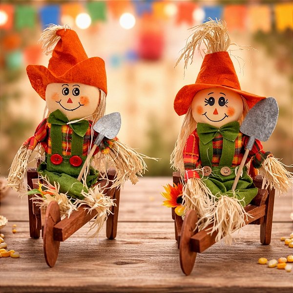 Enfeite Decorativo De Festa Junina De Mesa Espantalho Na Carriola - Laranja - 23x27cm - 1 unidade - Rizzo
