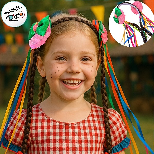 Tiara Com Cabelo e Fitas Coloridas De Festa Junina - Laço Rosa - 1 unidade - Rizzo