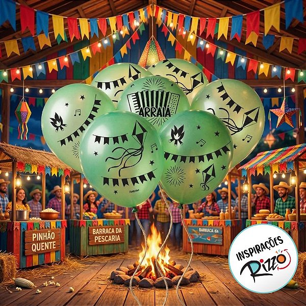 Balão De Festa Decorado 9" 23cm - Festa Junina Verde - 25 unidades - Rizzo