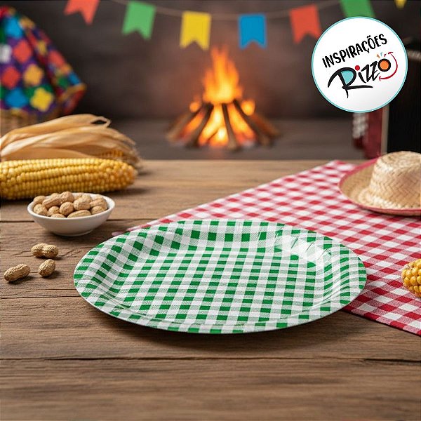 Prato Redondo de Papel Xadrez - Verde - Festa Junina - 18cm - 10 unidades - Rizzo