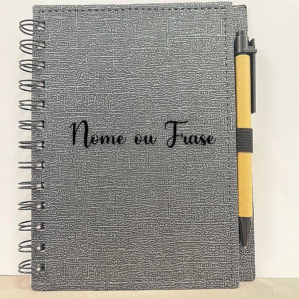 Bloco para Anotação Personalizado  Escrita Preta De Couro com Caneta  - Preto Com Prata - 70 Folhas - 14,5x18cm - 1 unid