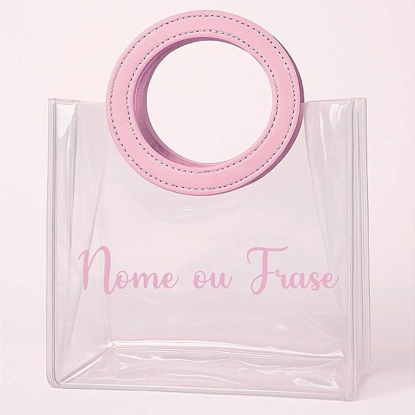 Sacola Transparente PVC Personalizado Escrita Rosa com Alça Redonda de Couro Rosa Bebê - 15x15x10cm - 1 unidade - Rizzo