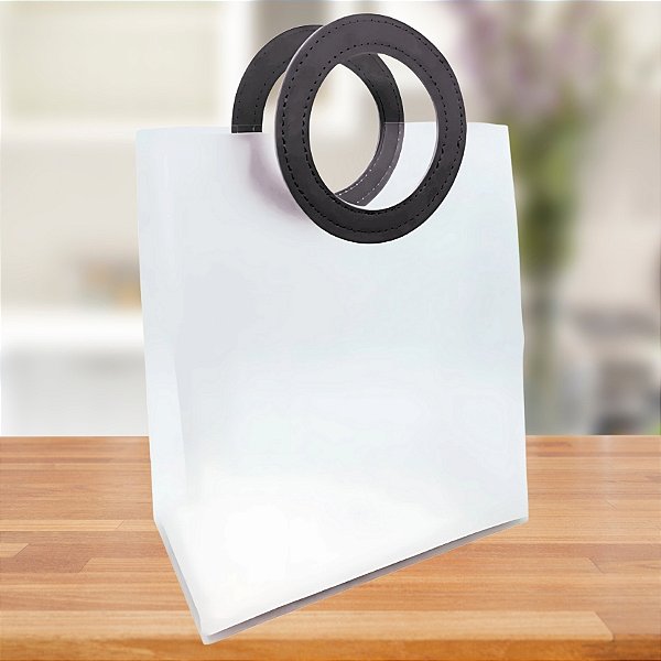 Sacola Transparente Fosca PVC com Alça Redonda de Couro Preto - 32x26x14,5cm - 1 unidades - Rizzo