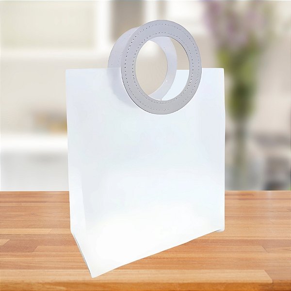 Sacola Transparente Fosca PVC com Alça Redonda de Couro Branco - 32x26x14,5cm - 12 unidades - Rizzo