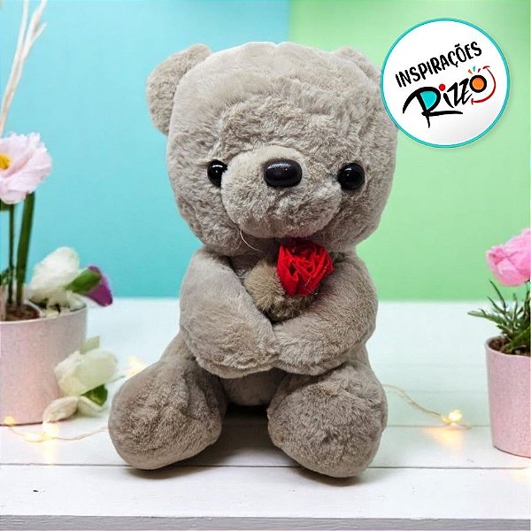 Urso De Pelúcia Com Flor - Bege - 27cm - 1 unidade - Rizzo