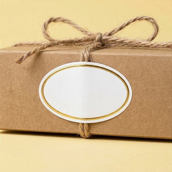Adesivo Oval Branco Borda Dourada - Ref.2123 - Hot Stamping - 3x2cm - 100 unidades - Stickr - Rizzo