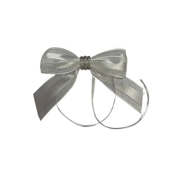 Laço Com Strass Prata - Branco - 8x8cm - 1 unidade - Rizzo