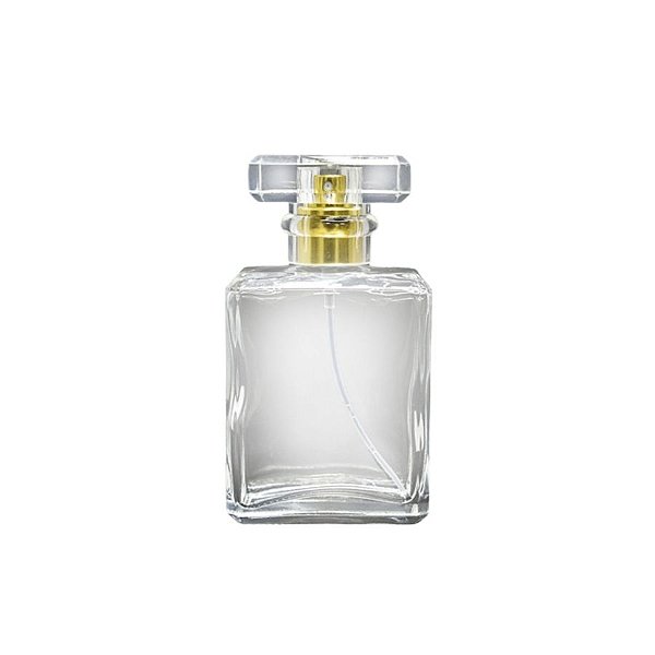 Frasco para Perfumaria de Vidro Retangular - Spray Dourado com Tampa Transparente - 30ml - 1 unidade - Rizzo