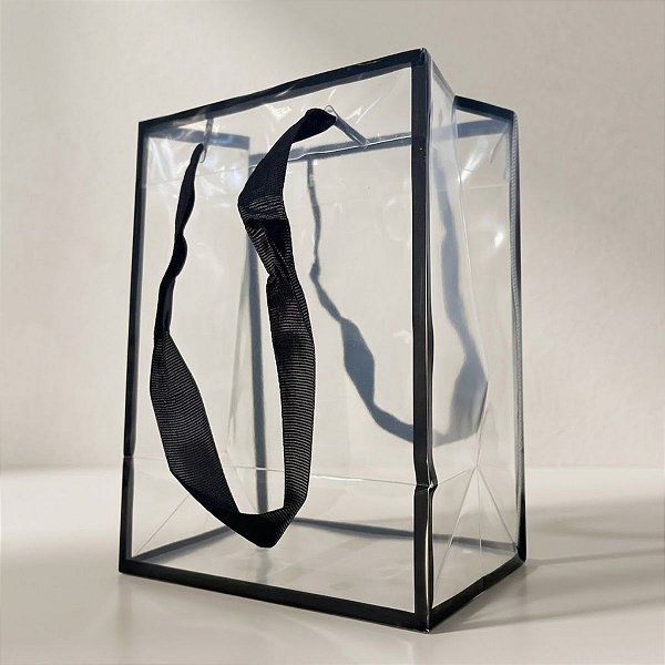 Sacola Transparente PVC Com Borda e Alça de Cordão Preto - 20x15x10cm - 1 unidades - Rizzo