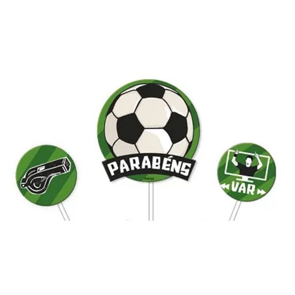 Kit Topo de Bolo - Futebol - 3 itens - 17x10cm - 1 unidade - Rizzo