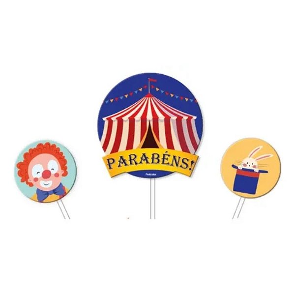 Kit Topo de Bolo - Circo - 3 itens - 17x10cm - 1 unidade - Rizzo
