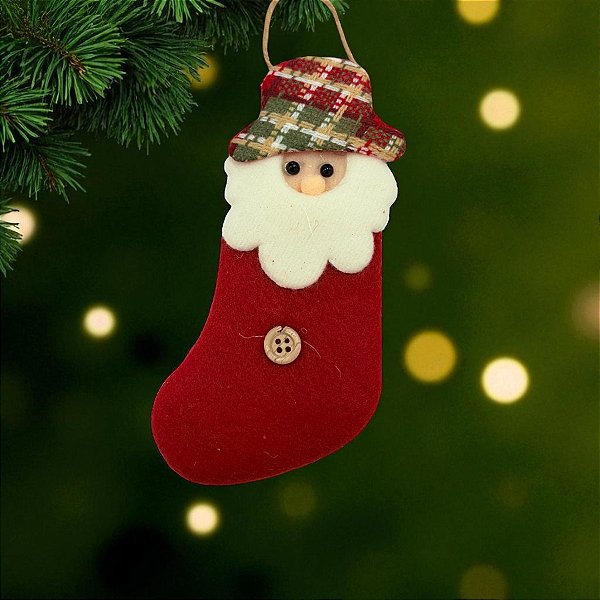 Enfeite Para Pendurar de Natal - Papai Noel Artesanal - Meia Vermelha - 14x10cm - 1 unidade - Rizzo
