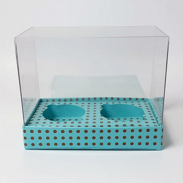 Caixa Mini Cupcake Com Tampa Transparente 2 Cavidades (11x9x5,5cm) Azul com Bolinhas Marrons - 10 unidades - Assk - Rizz