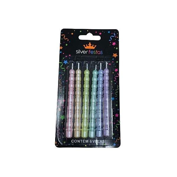 Vela Palito Espiral Metalizada - Candy Color - 9,5cm - 6 unidades - Silver Festas - Rizzo