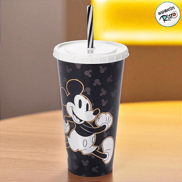 Copo de Plástico com Tampa e Canudo Mickey Preto - 700ml - 1 unidade - Disney Original - Rizzo