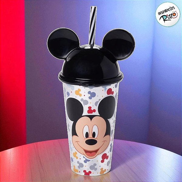 Copo de Plástico com Tampa e Canudo Orelha Mickey Mouse - 500ml - 1 unidade - Disney Original - Rizzo