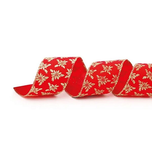 Fita Aramada Decorativa De Natal - Pinheiro - Aveludado Vermelho e Dourado - 3,8x914cm - 1 unidade - Cromus - Rizzo