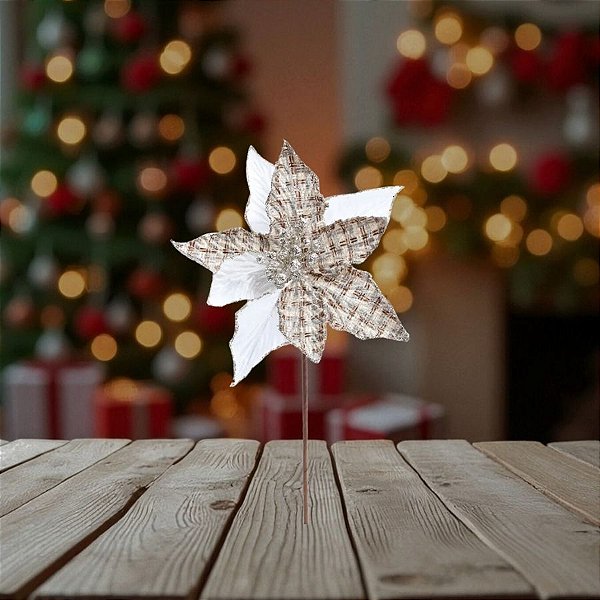 Poinsétia Decorativa - Xadrez Com Glitter - Branco e Marrom - 30x20cm  - 1 unidade - Cromus - Rizzo