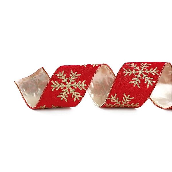 Fita Aramada Decorativa De Natal - Flocos De Neve -  Aveludado Vermelho e Dourado - 10x457cm - 1 unidade - Cromus - Rizz