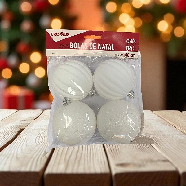 Bola De Natal - Branco - Glitter e Gomo - 8cm  - 4 unidades - Cromus - Rizzo