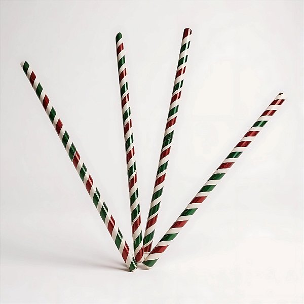 Canudo Papel Branco com Listras - Vermelha e Verde - 19,5cm - 12 unidades - Artlille - Rizzo
