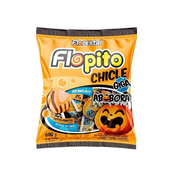 Pirulito Flopito com Chiclete Abóbora - Florestal - 600g - 24 unidades - Rizzo