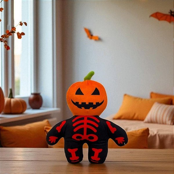 Esqueleto de Pelúcia Cabeça de Abóbora - Preto/Laranja - 20cm  - 1 unidade - Rizzo