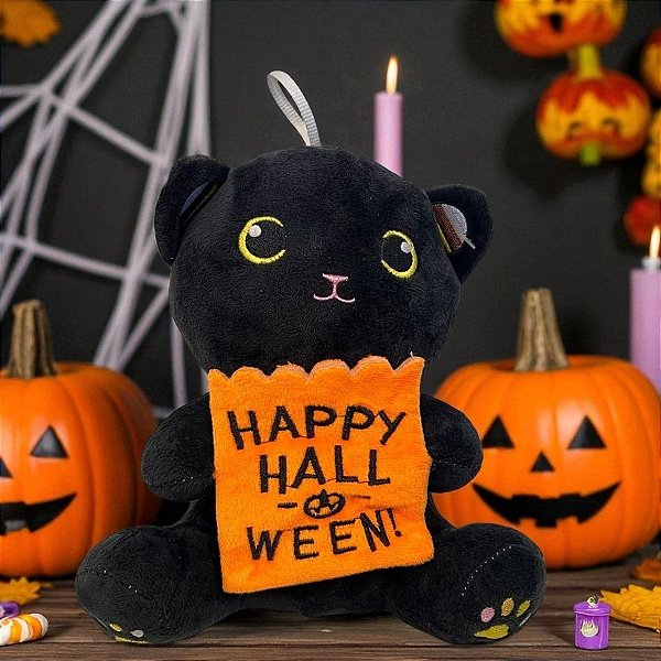 Gato de Pelúcia com Saquinho "Happy Halloween" - Preto - 20cm  - 1 unidade - Rizzo