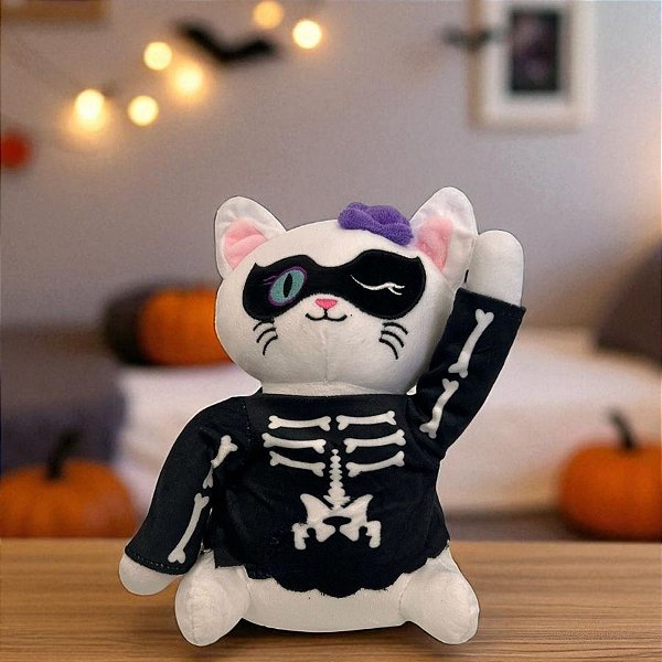 Gata de Pelúcia com Mascara - Branco/Preto - 20cm  - 1 unidade - Rizzo