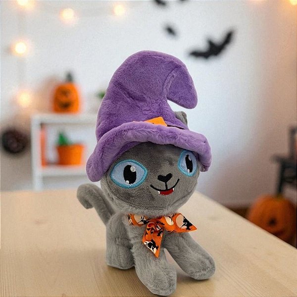 Gato de Pelúcia com Chapéu de Bruxa - Cinza- 25cm  - 1 unidade - Rizzo