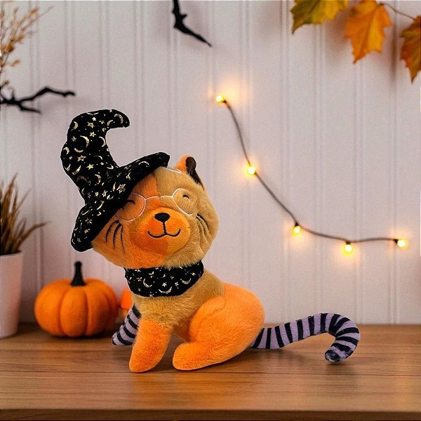 Gato de Pelúcia com Chápeu Preto - Laranja - 20cm - 1 unidade - Rizzo