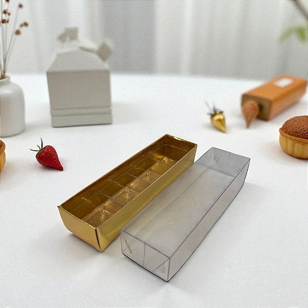 Caixa 4 doces com Berço Tampa Transparente N°10 (14x4x3) Ouro Texturizado - 10 unidades - ASSK - Rizzo