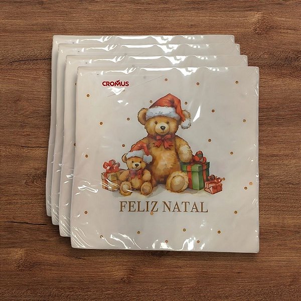 Guardanapo De Papel Natalino - Urso com Touca Papai Noel - 32,5x32,5cm - 20 unidades - Cromus - Rizzo