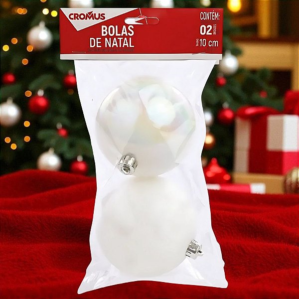 Bola de Natal - Branca - Glitter e Perolada - 10cm - 2 unidades - Cromus - Rizzo