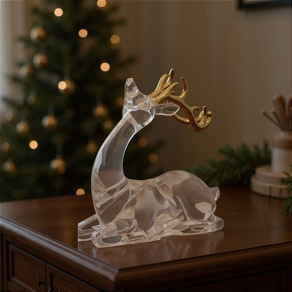 Enfeite Decorativo de Natal - Rena Acrílica Transparente e Dourada - Deitada - 14cm - 1 unidade - Cromus - Rizzo