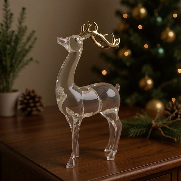 Enfeite Decorativo de Natal - Rena Acrílica Transparente e Dourada - Em Pé - 24cm - 1 unidade - Cromus - Rizzo