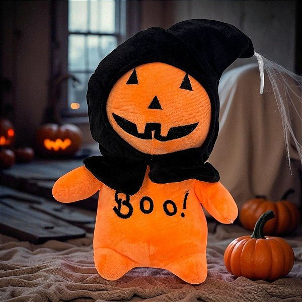 Abóbora de Pelúcia Com Touca "Boo!" - Laranja e Preto - 26cm - 1 unidade - Rizzo