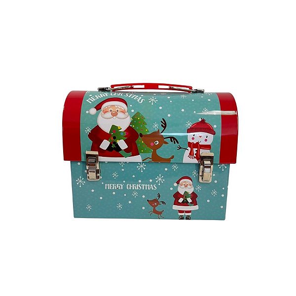 Lata de Metal de Natal - Caixa Maleta Cofre Vermelho - 17cm - "Merry Christmas" Papai noel, Rena e Boneco de Neve - Verd