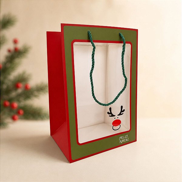 Sacola de papel com visor PVC 30x20x16cm - "Feliz Natal" - 10 unidades - Rizzo