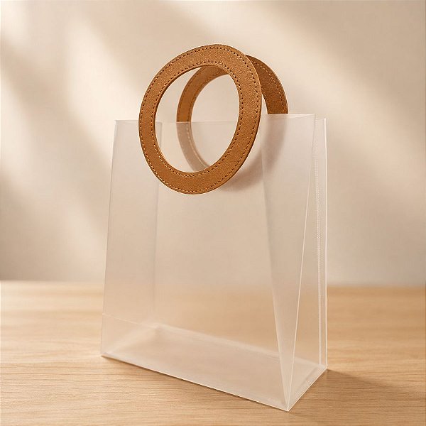 Sacola Transparente Fosca PVC com Alça Redonda de Couro Marrom - 27x23x11cm  - 1 unidade - Rizzo